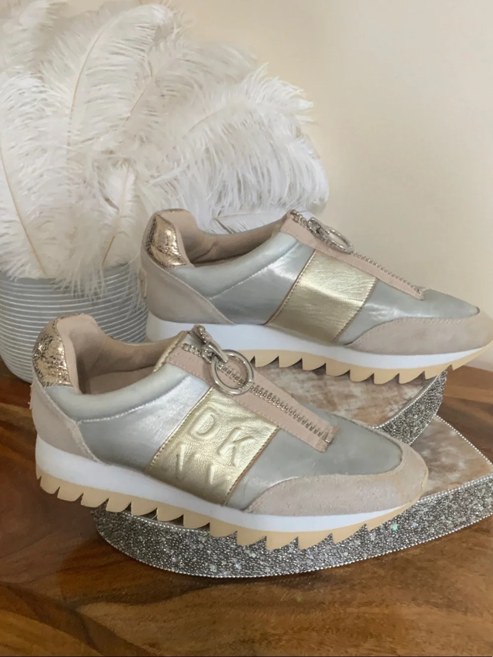 DKNY Metallic Taupe, Gold & Silver Platform Sneakers